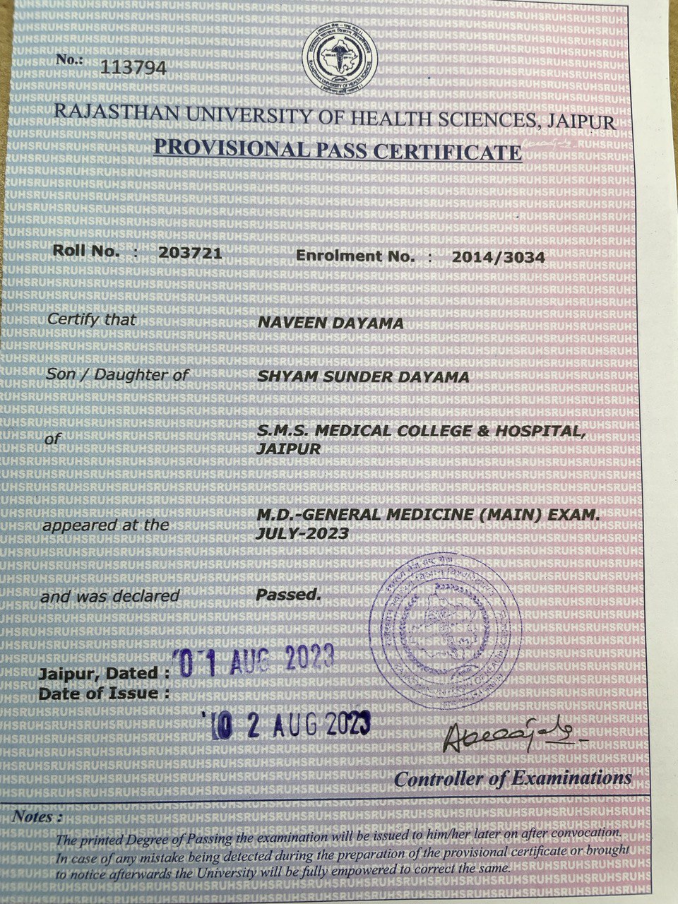 Doctor's certificate