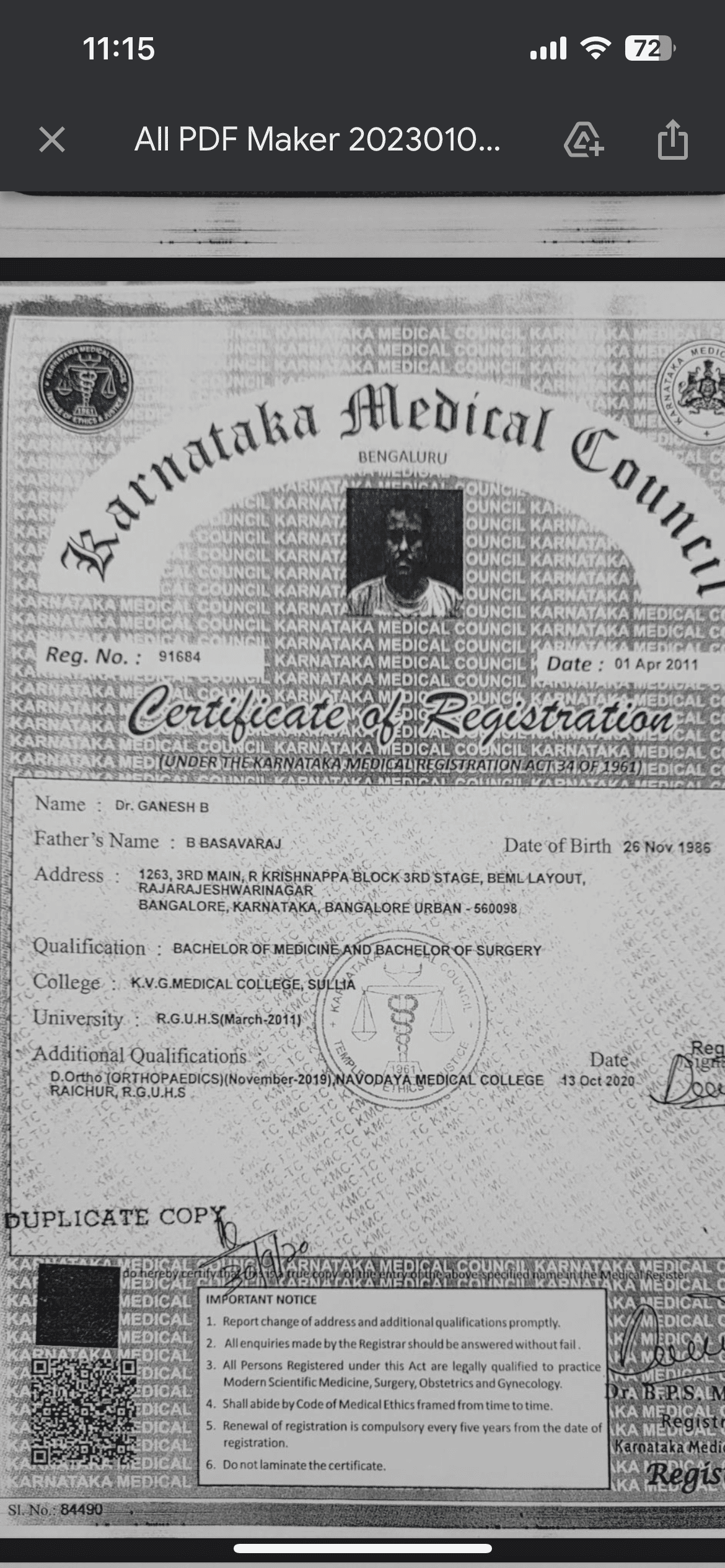 Doctor's certificate
