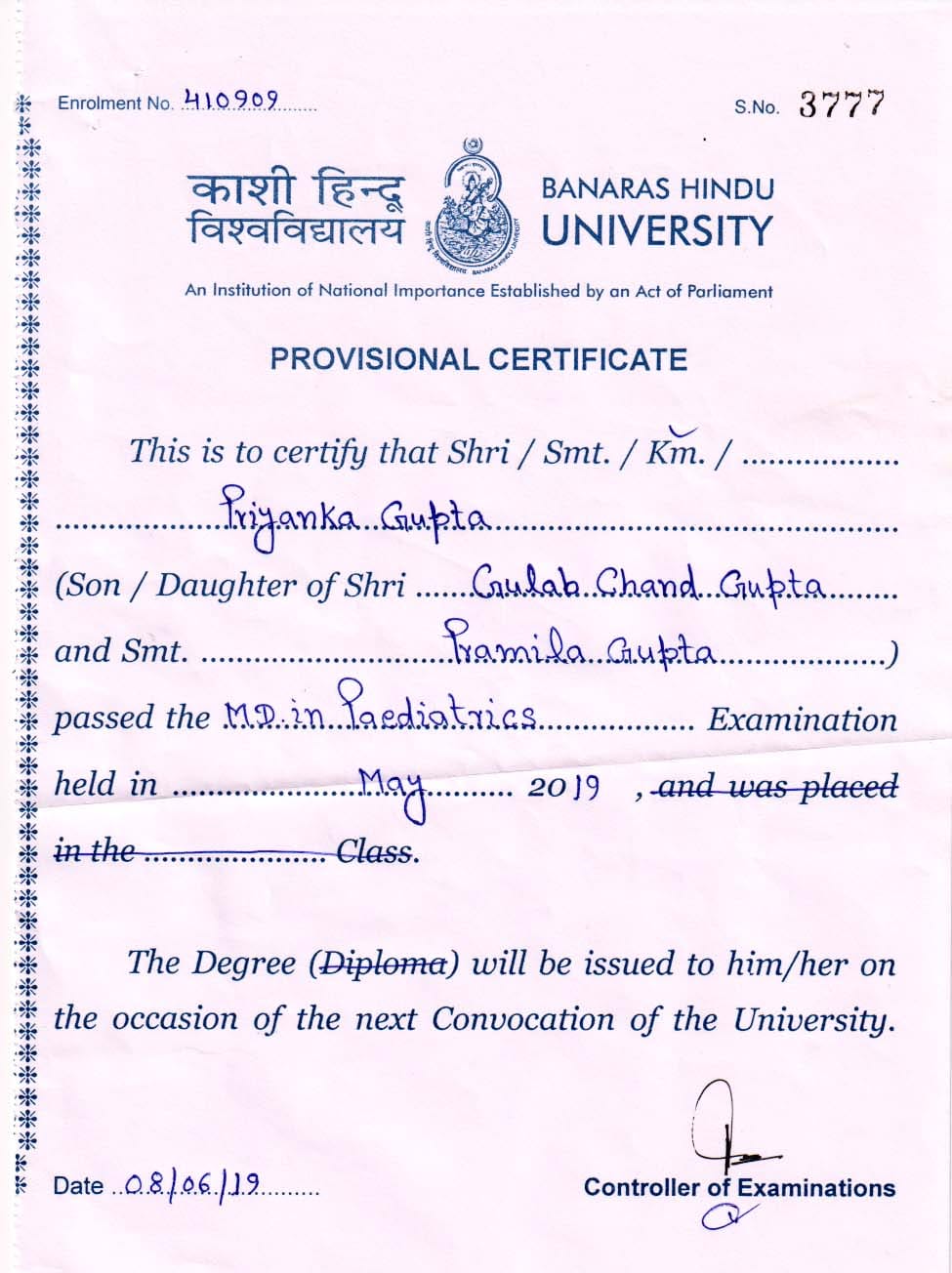 Doctor's certificate