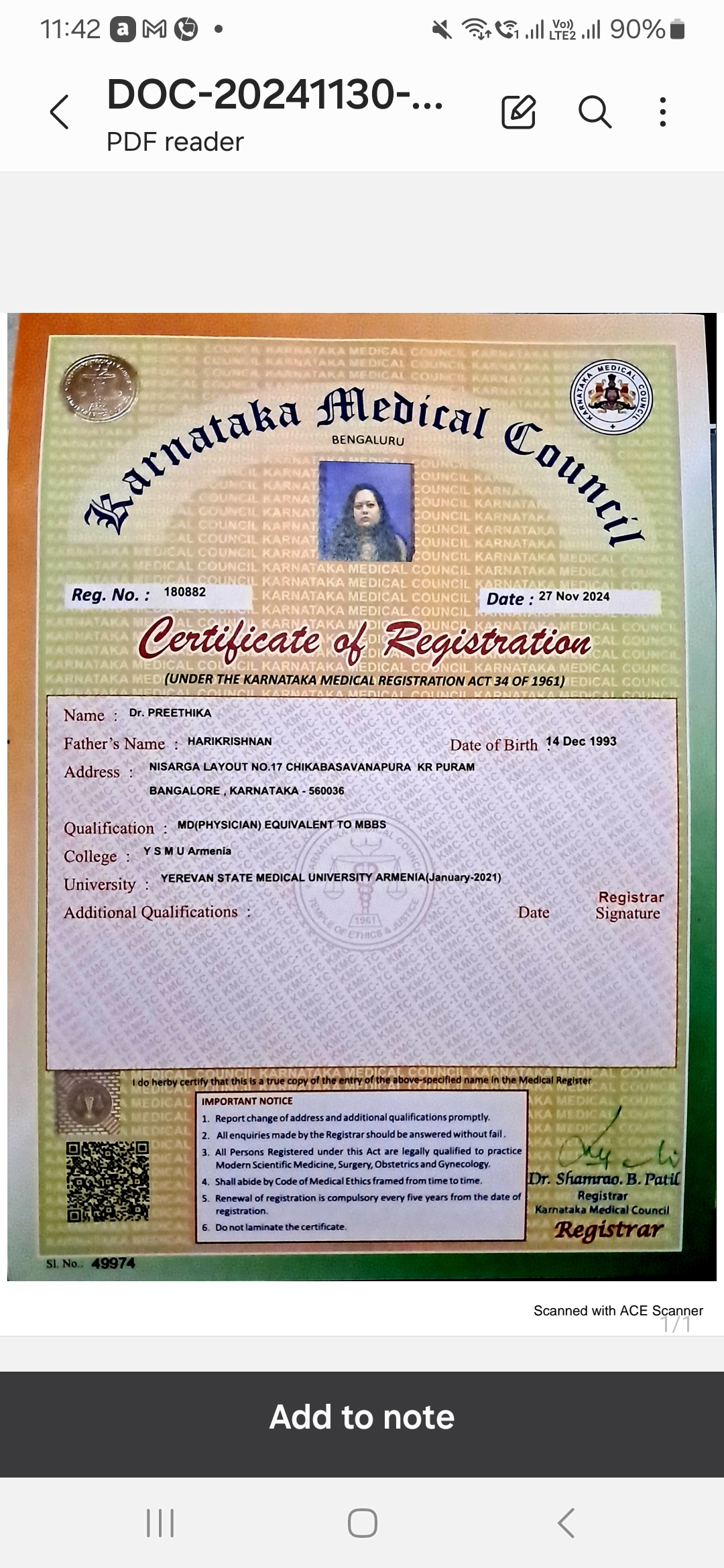 Doctor's certificate