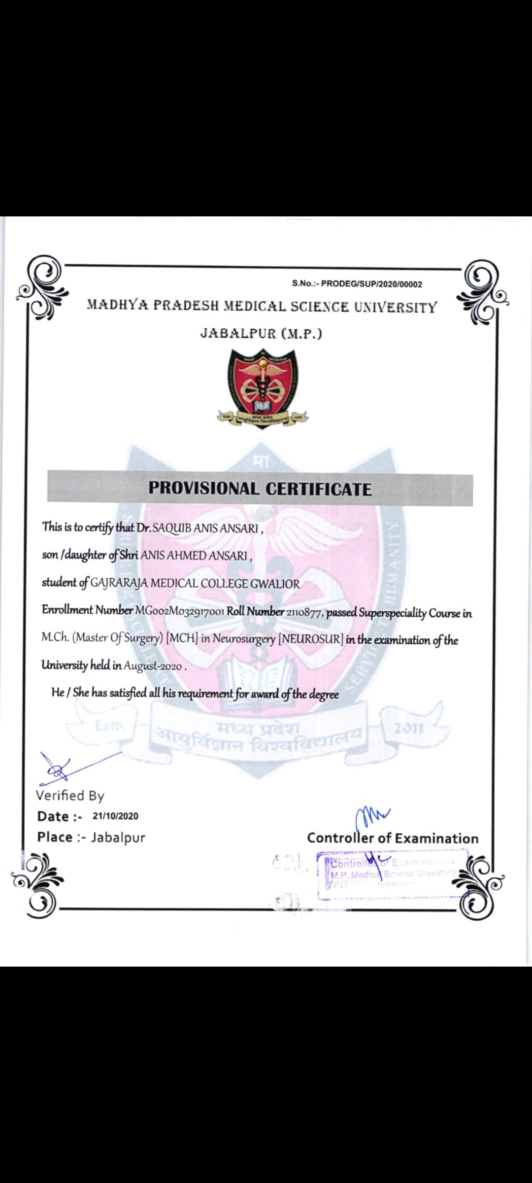 Doctor's certificate