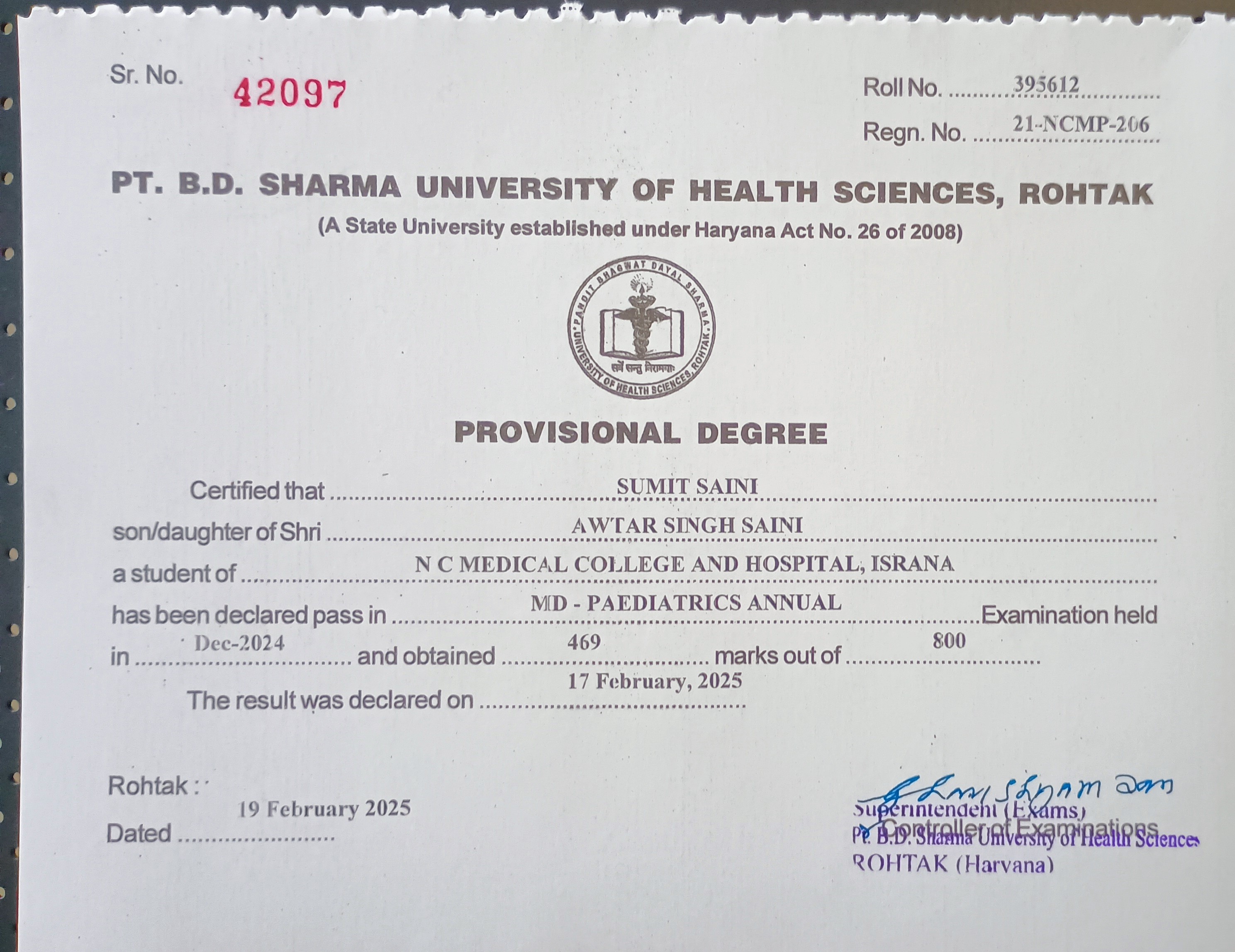 Doctor's certificate